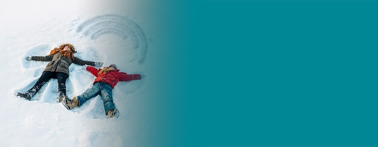 Two children making snow angels in the snow, with the Security Finance logo subtly imprinted nearby.